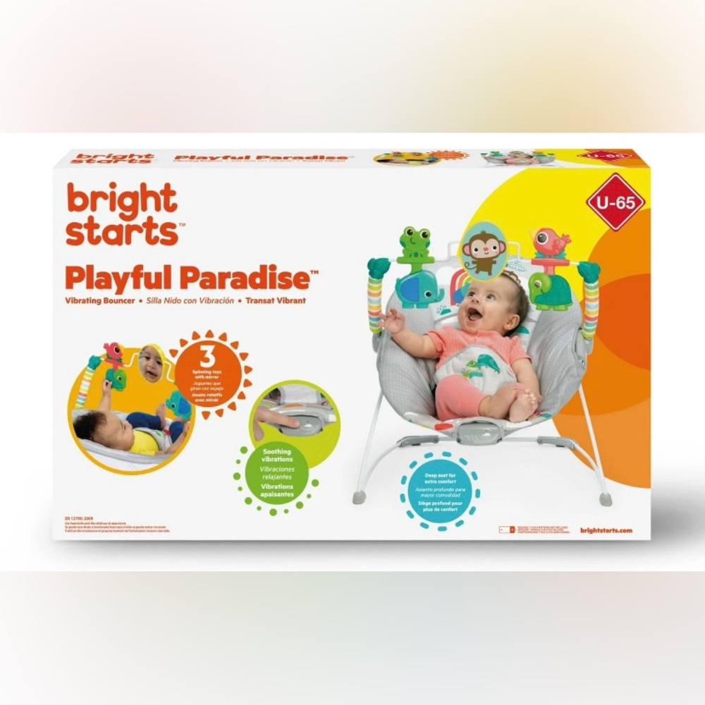 Bright Starts Playful Paradise Vibrating Baby Bouncer, Unisex, Newborn +